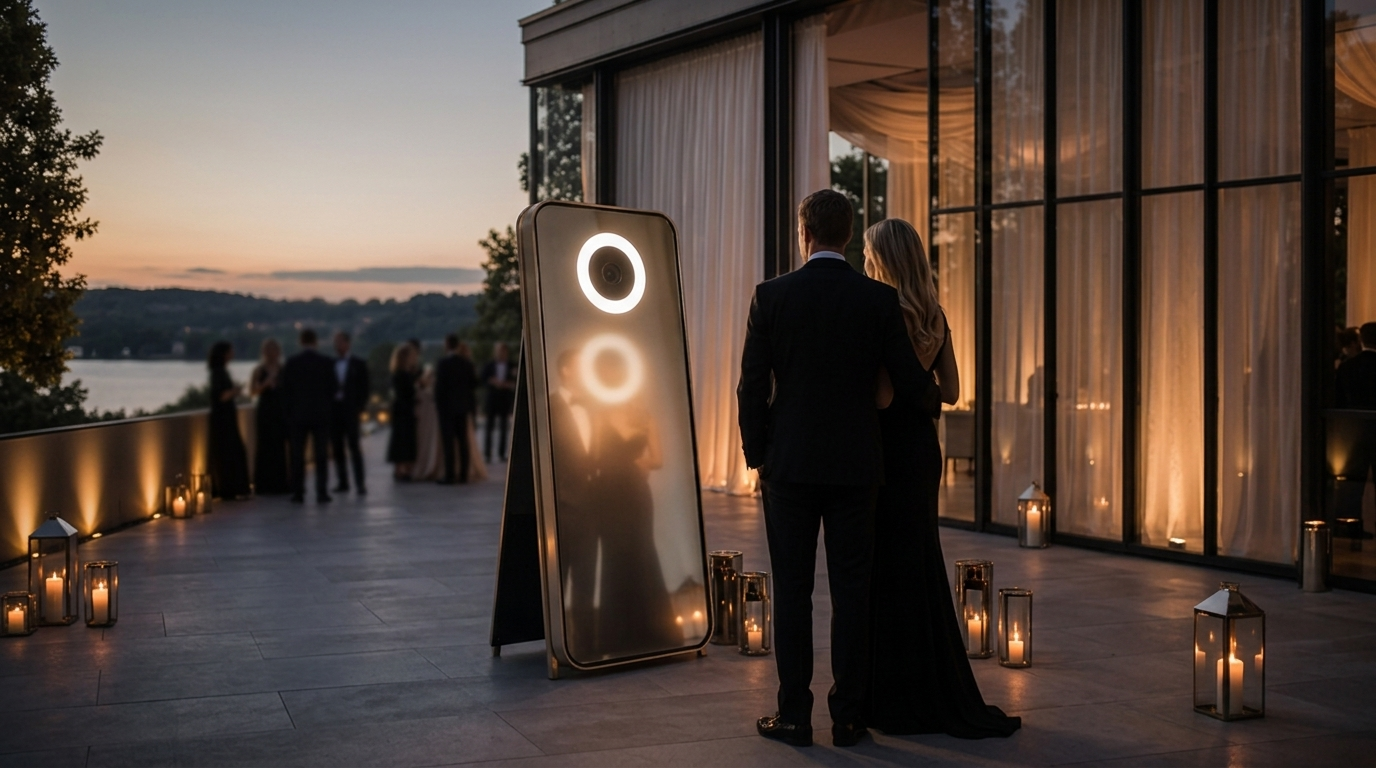 Brautpaar von hinten neben der Spiegelfotobox auf einer beleuchteten Terrasse