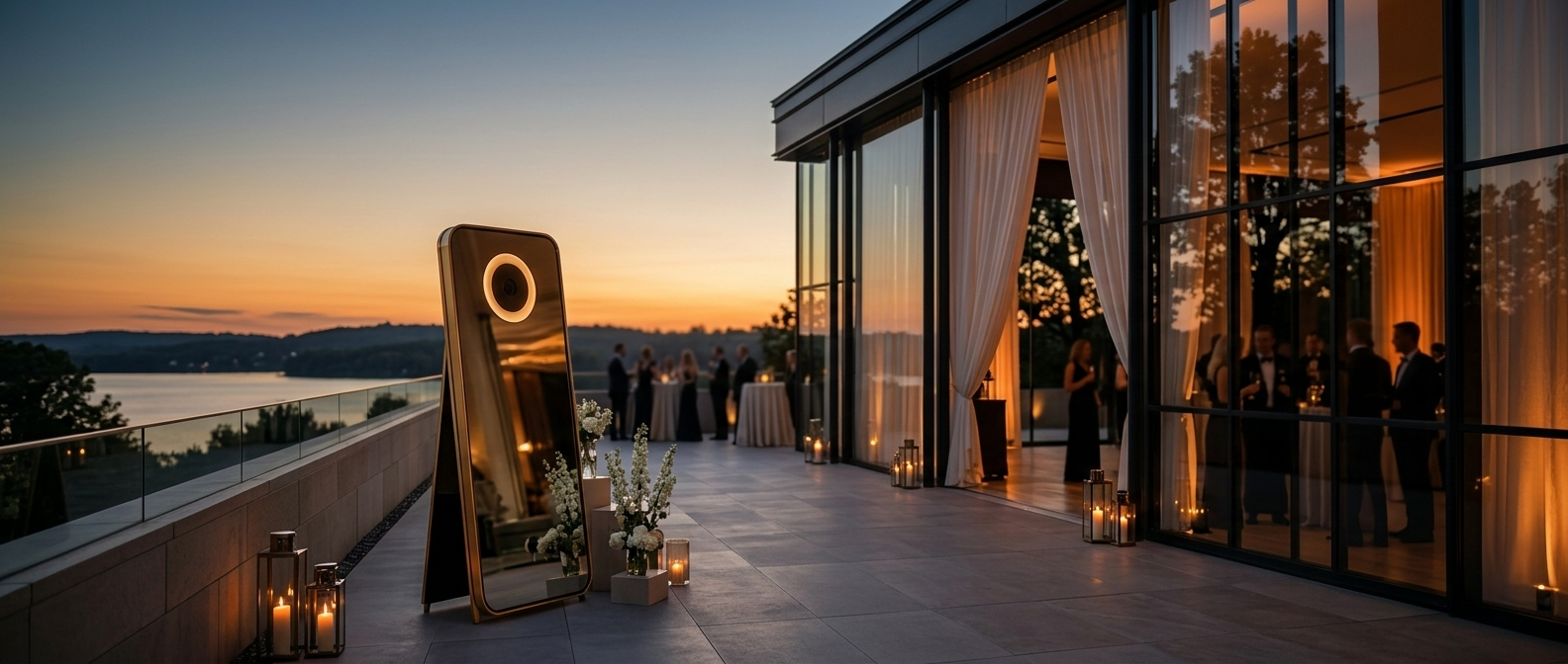 Spiegelfotobox auf einer weitläufigen Seeterrasse bei Sonnenuntergang