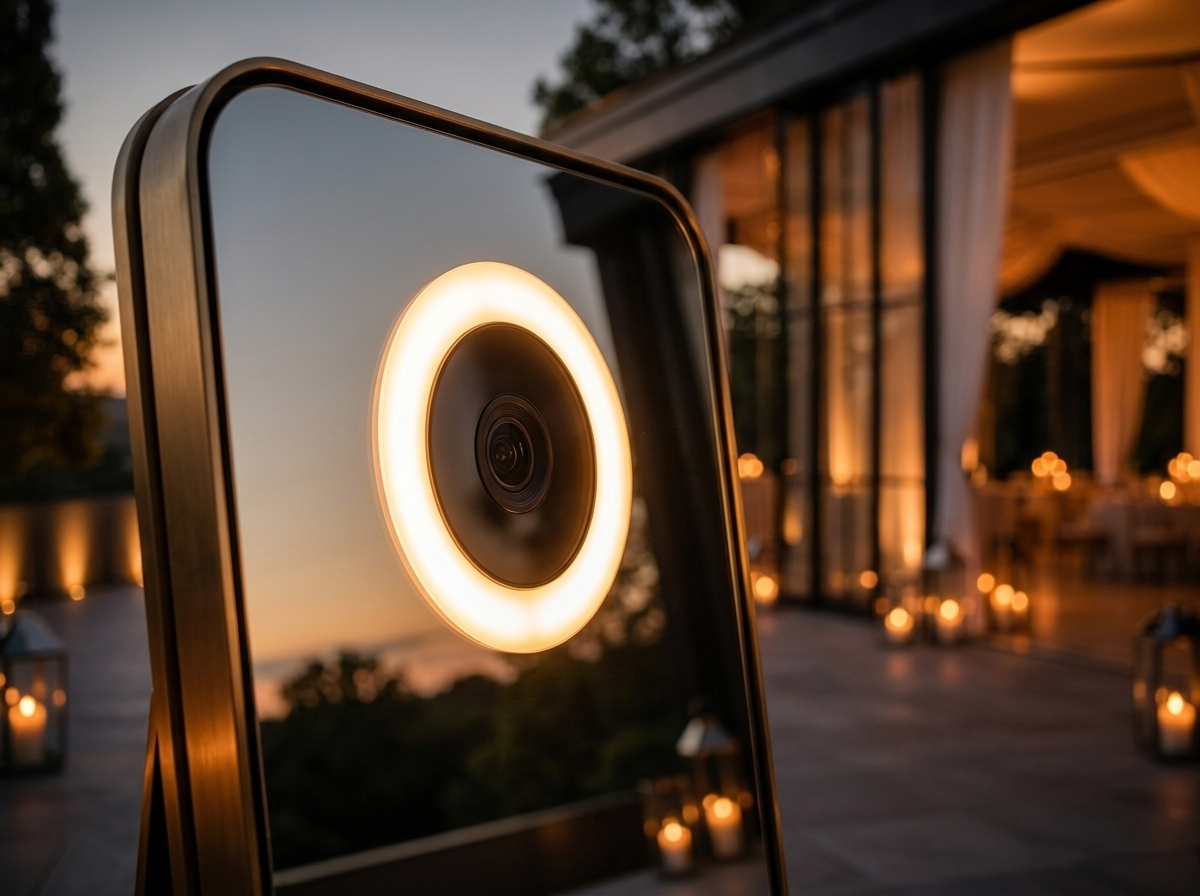 Nahaufnahme des warm leuchtenden Ringlichts der Spiegelfotobox