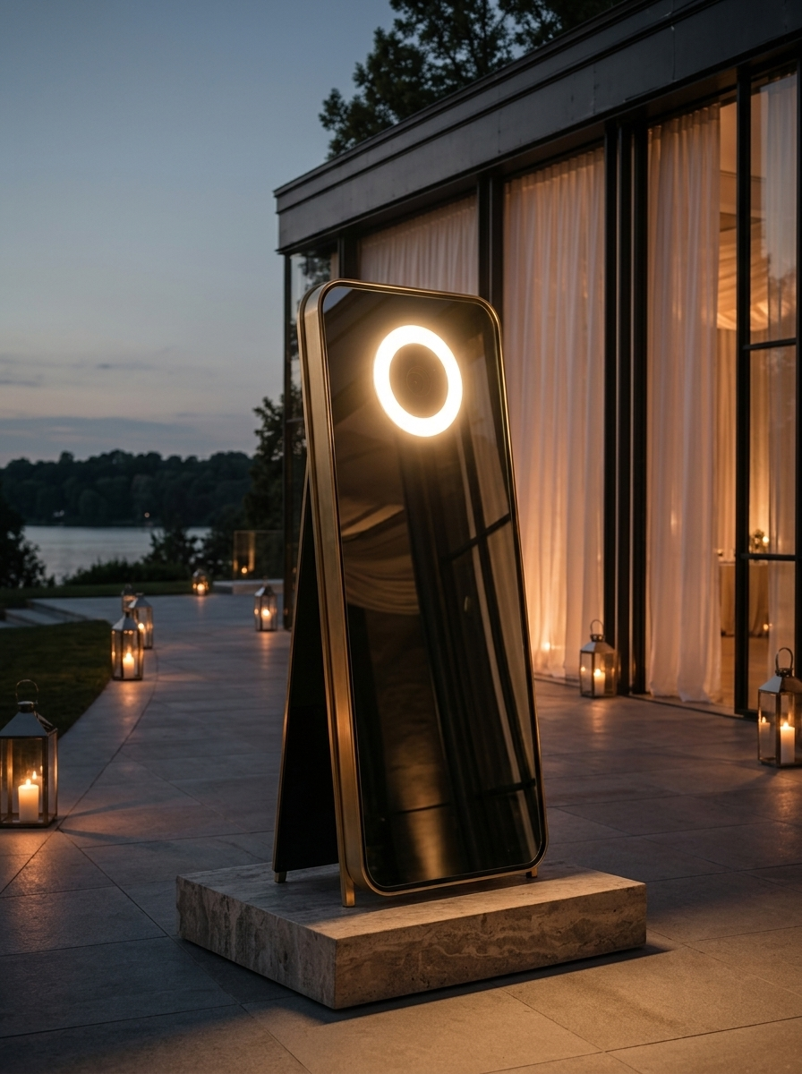 Spiegelfotobox mit leuchtendem Ringlicht als skulpturales Designobjekt auf einer Abendterrasse